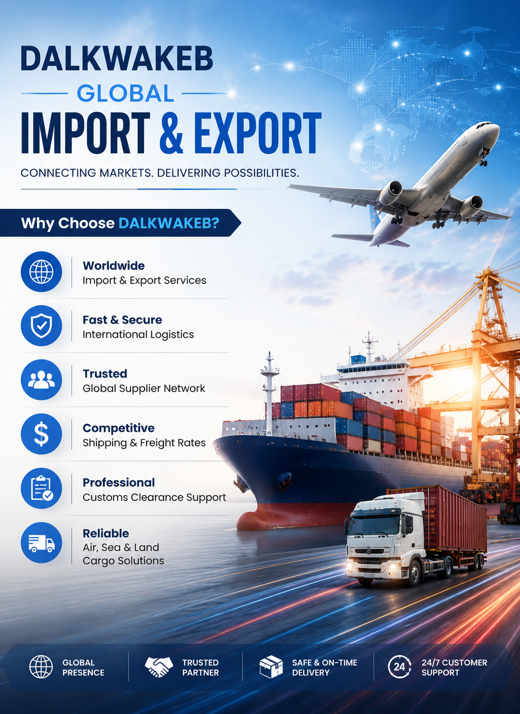 Why Choose DALKWAKEB? Worldwide Import & Export Services Fast & Secure International Logistics Trusted Global Supplier Network Competitive Shipping & Freight Rates Professional Customs Clearance Support Reliable Air, Sea & Land Cargo Solutions